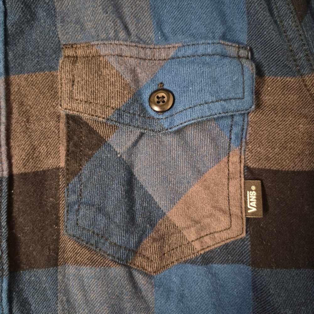 Vans Flannel Shirt Mens Small Blue Grey Black Plaid Tailored Fit Workshirt Skate - Picture 8 of 10